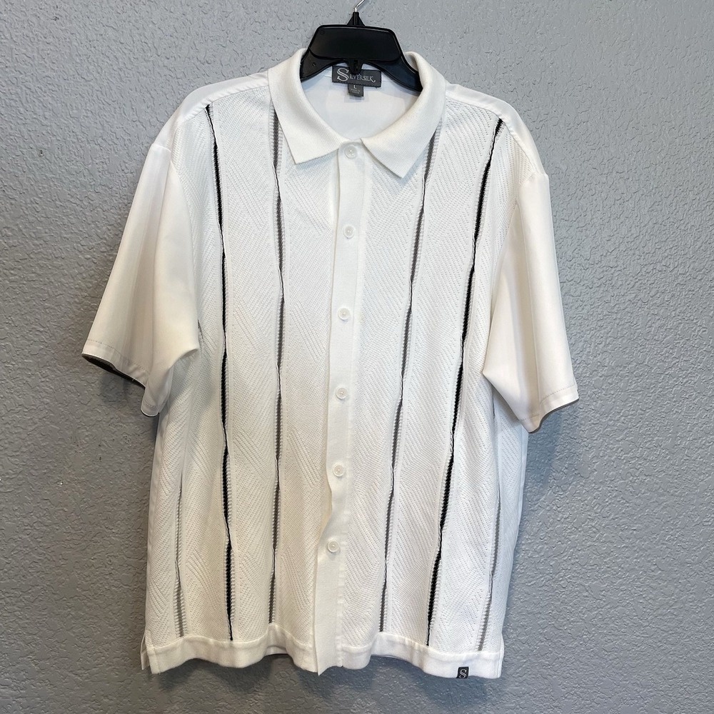 Silversilk Polo Shirt Men's‎ L White Black Stripes Modern Fit Leisure Apparel